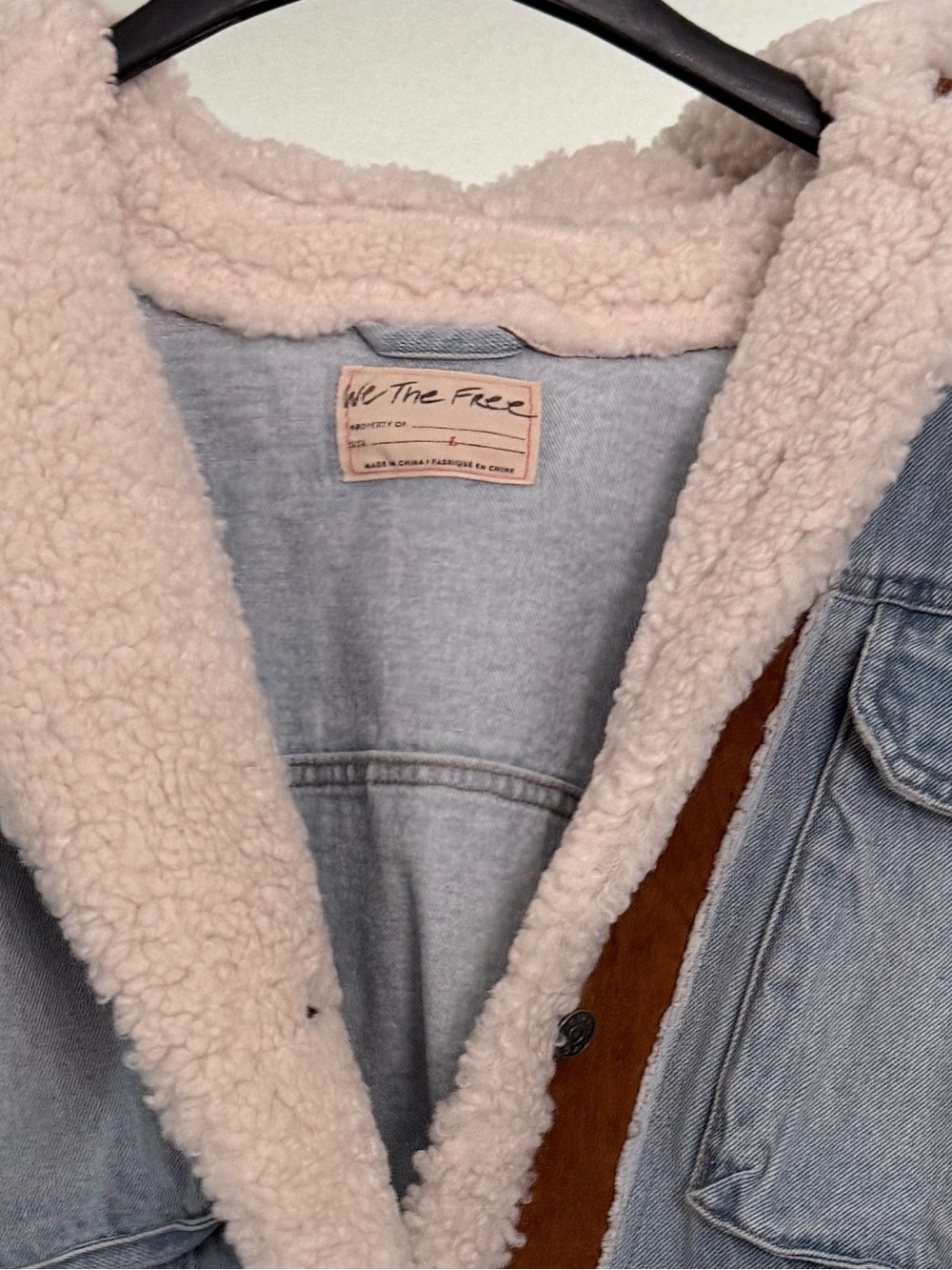 Free People Light Blue Denim Jacket with Brown Sherpa Hood - Picture 2 of 11